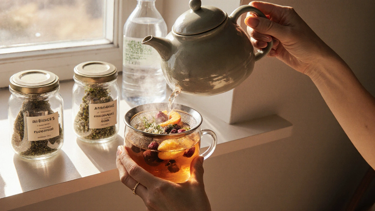 Žena nalévá bylinný čaj z keramického hrnčíku do šálku.