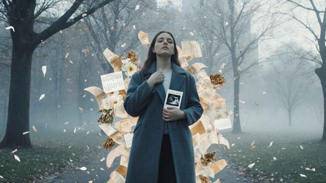 Žena prochází parkem s ultrazvukovým obrázkem, za ní se rozpadají kalendáře menstruace.