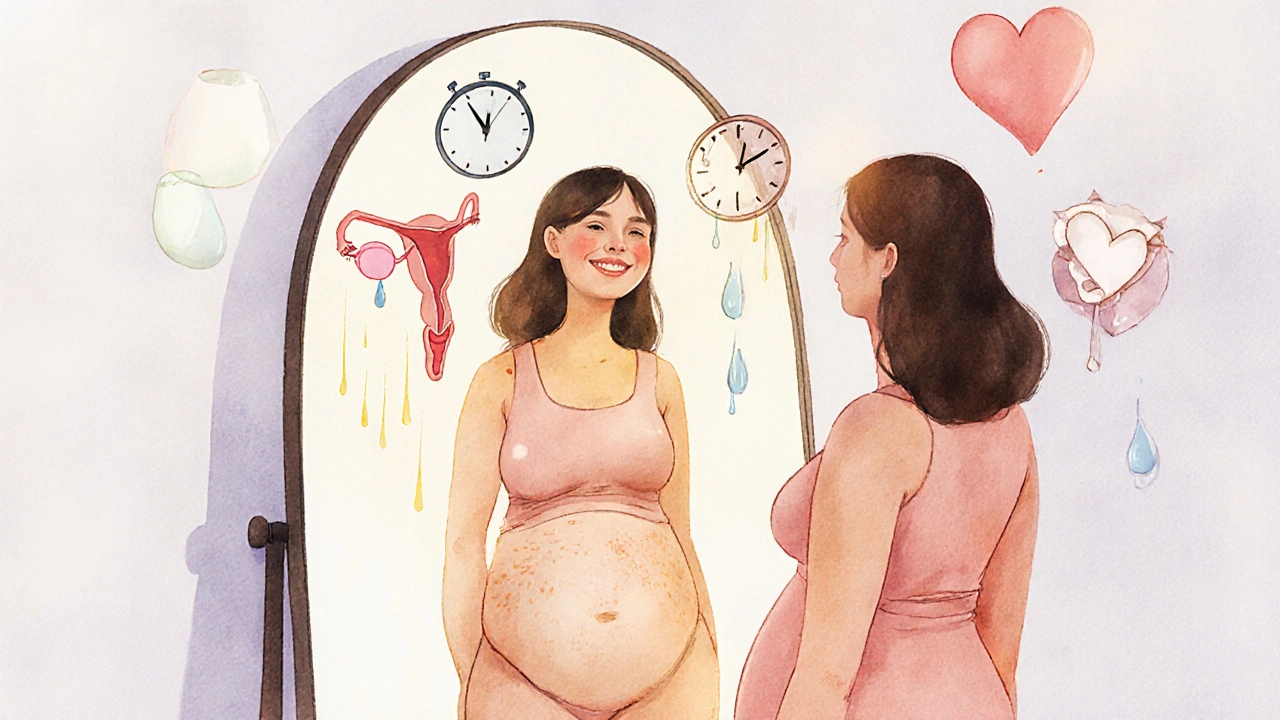 Žena se dívá do zrcadla, kde její tělo a odraz ukazují změny po porodu s symbolickými prvky.