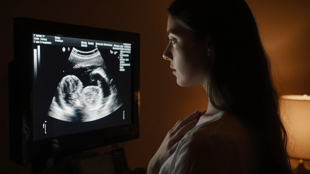 Žena se dívá na ultrazvukový obraz s prvním tepem plodu, ruka na břiše, teplé osvětlení.