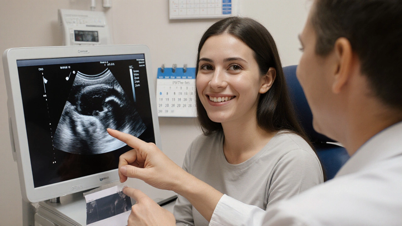 Žena sleduje ultrazvukový obraz u lékaře s pláčem radosti.