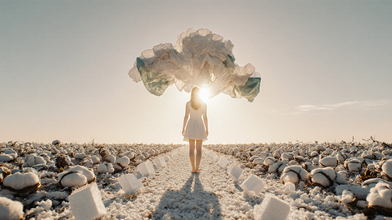 Žena stojí na cestě z cukru a syntetického látky, směřuje k bavlněným tkaninám a slunci — symbol obnovy rovnováhy.