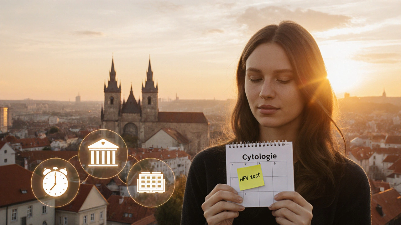 Žena v Brně drží kalendář s připomínkami na cytologii, za ní je panoramata města.