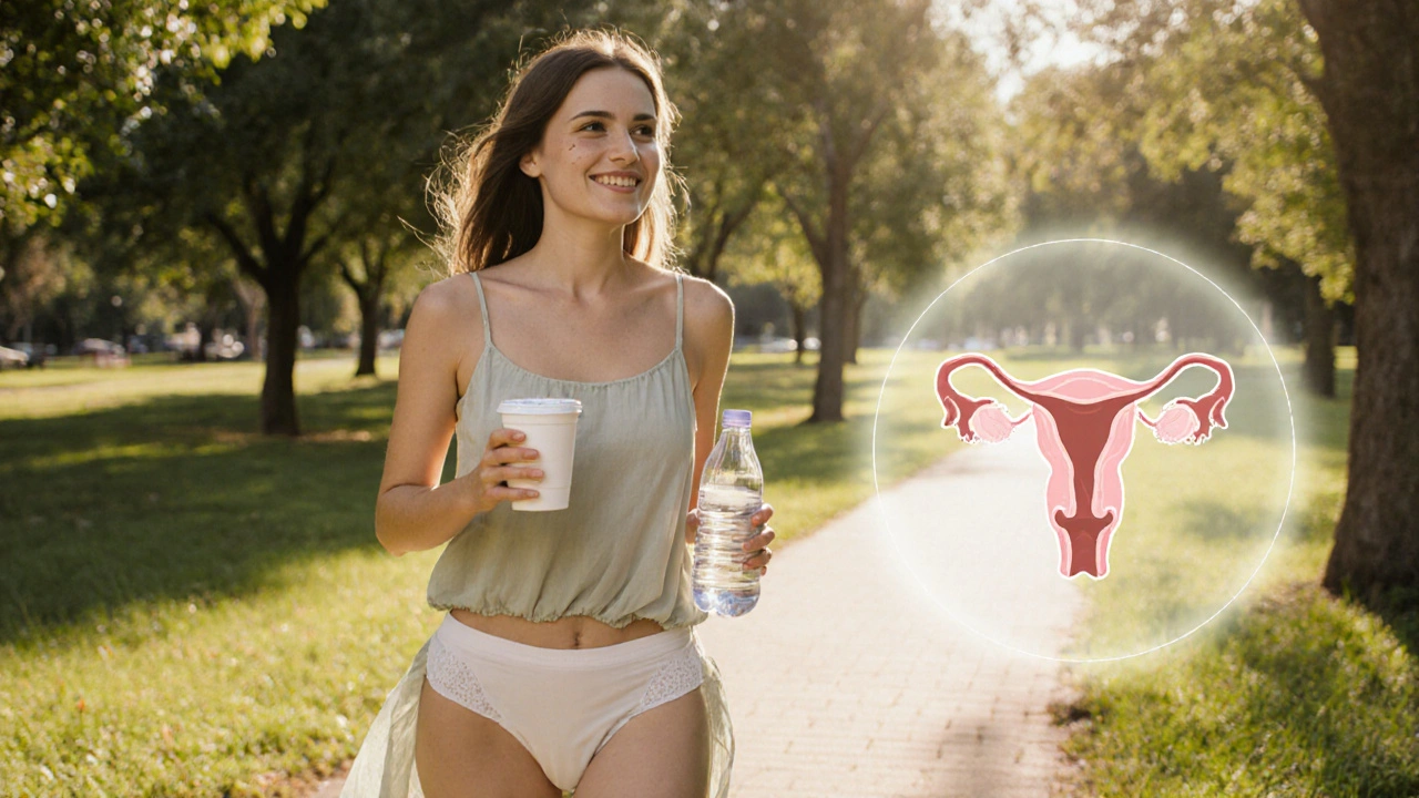 Žena v lehkém oblečení kráčí v parku, symbolizující prevenci mykózy.