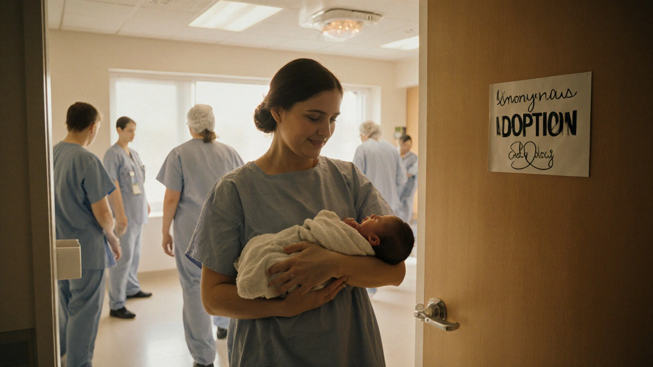 Žena v nemocnici drží novorozence, personál se obrací pryč.