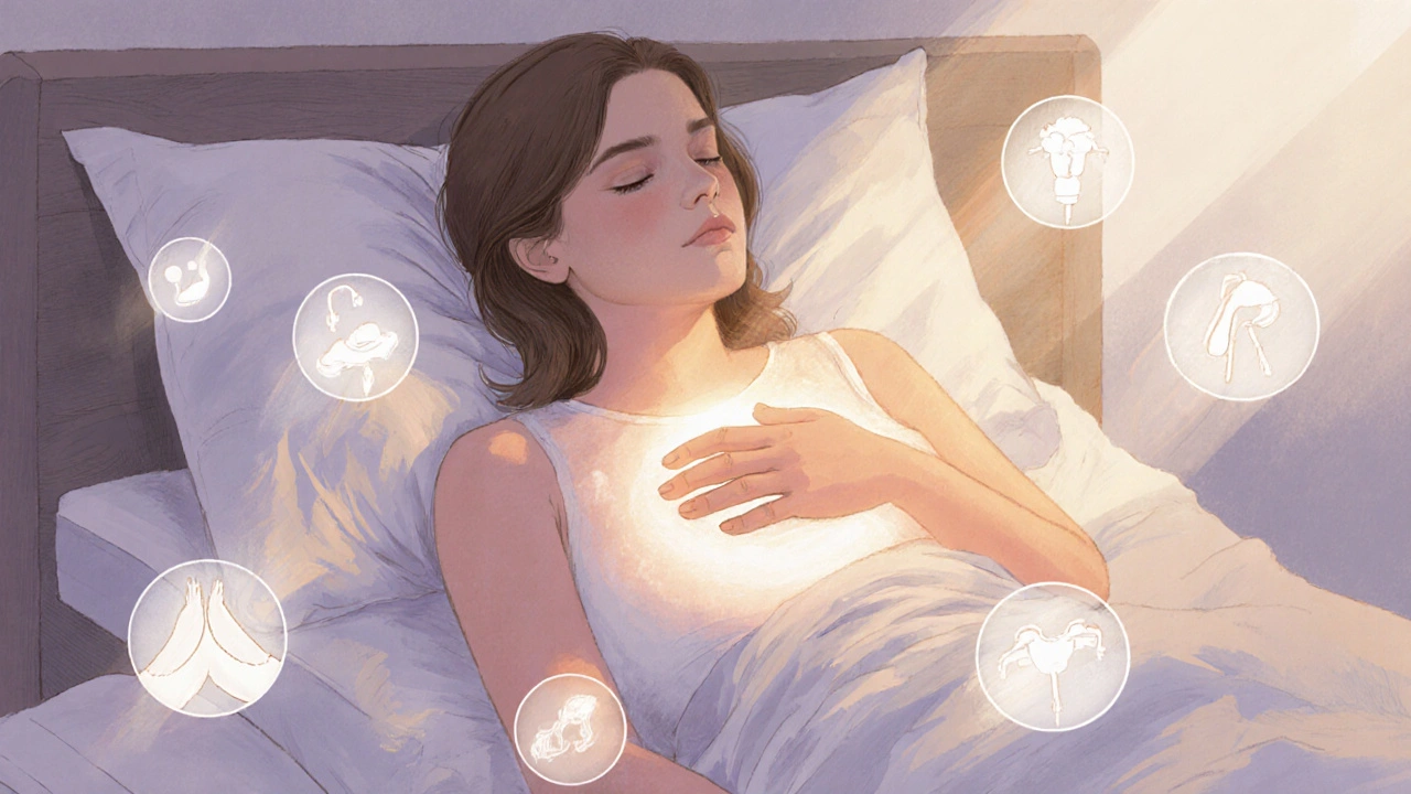 Žena v posteli s příznaky těhotenství – citlivé prsy a únava, obklopená symbolickými obrazky.