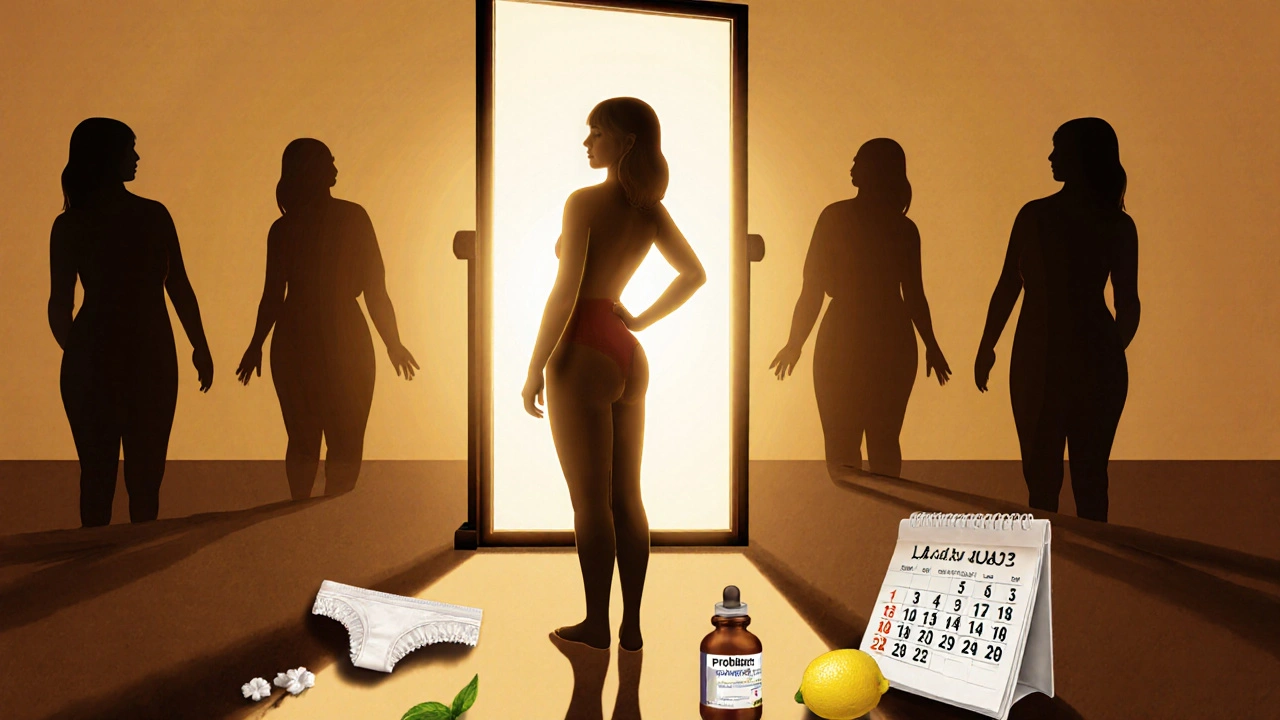 Žena ve světle stojí před zrcadlem, zatímco opakující se infekce mizí.