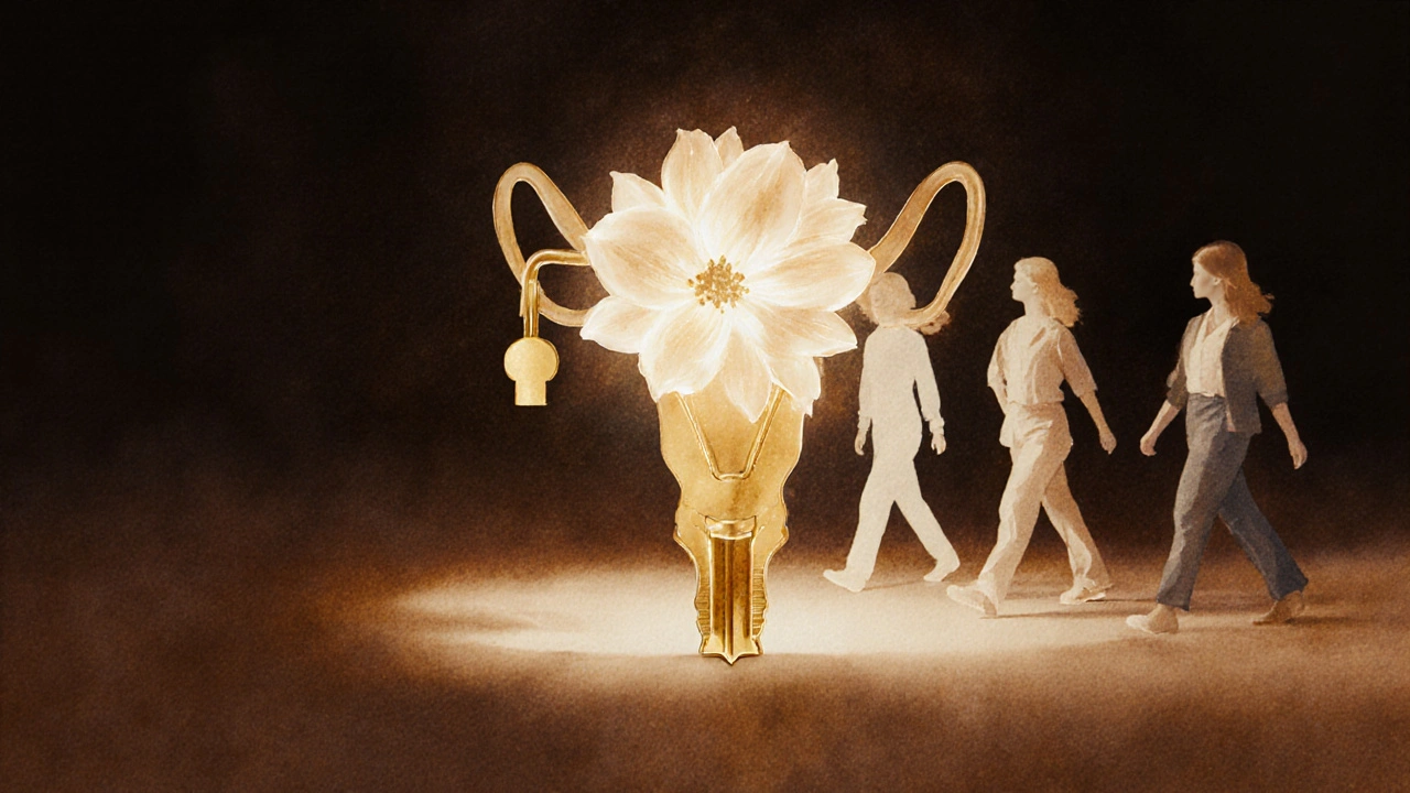 Zlatý klíč otevírá květ podobný děložnímu čípku, symbolizující prevenci rakoviny.