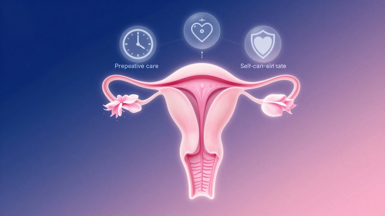 Abstraktní květ symbolizující ženské zdraví s prvky prevence, detekce a ochrany.