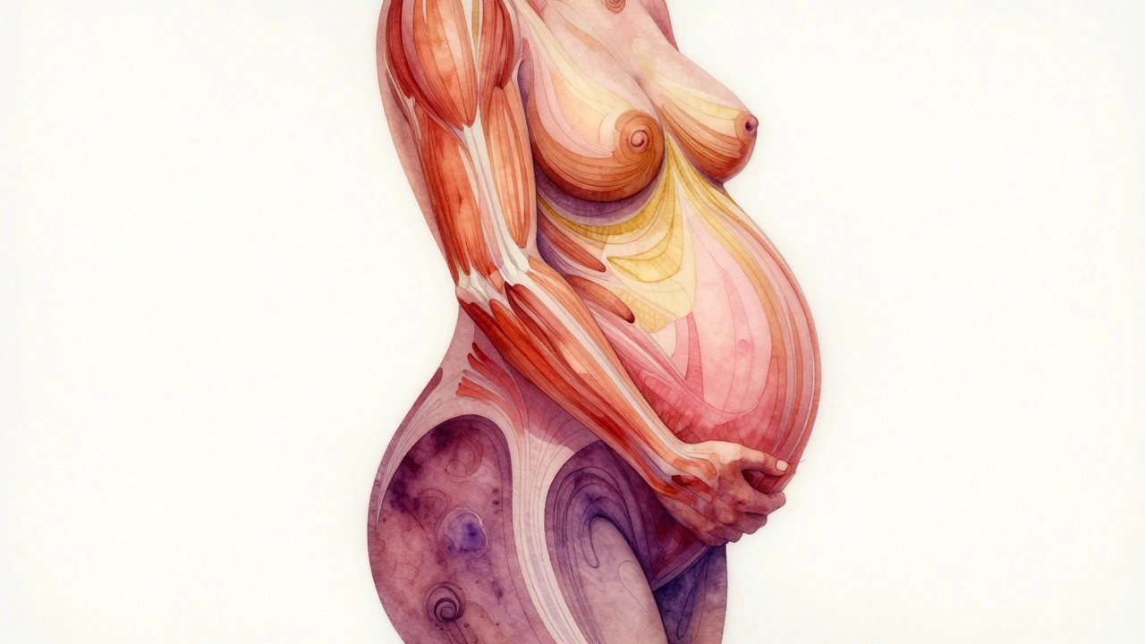 Abstraktní vodová barva znázorňující hojení a obnovu těla po porodu.