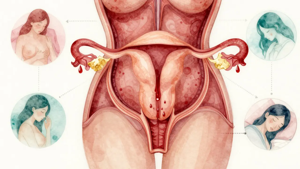 Artistic internal view of uterus shrinking after birth with hormonal waves and menstrual blood symbols in watercolor style.