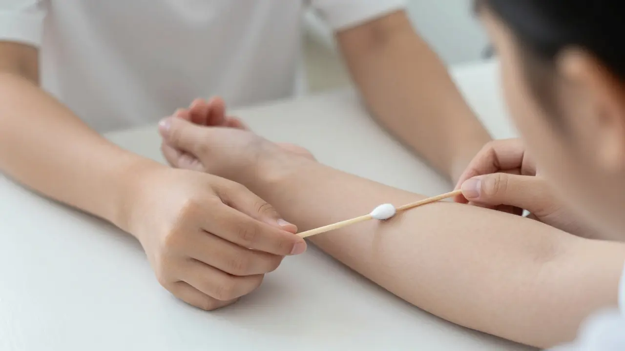 Jemný dotek vatovou tyčinkou na vnější pohlavní orgány během bezbolestného výmazu.