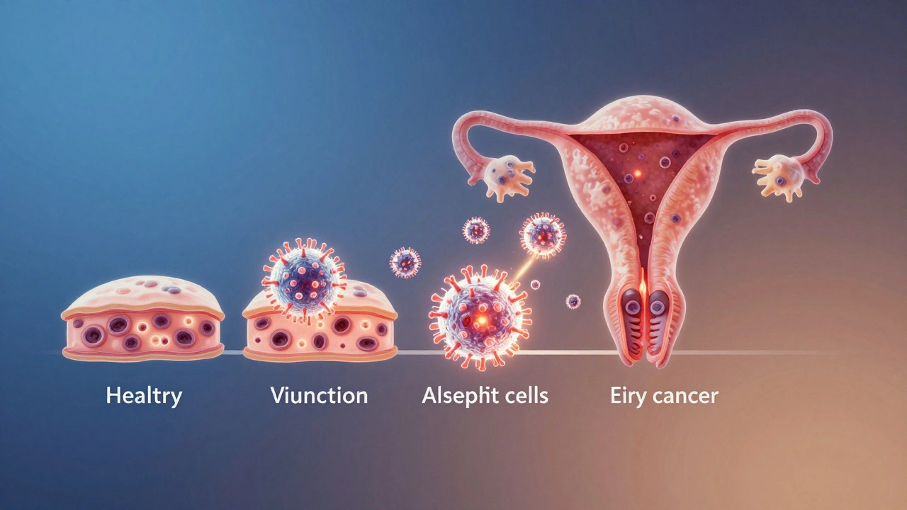 Koncepční obrázek děložního čípku s postupným přeměnou buněk pod vlivem viru HPV.