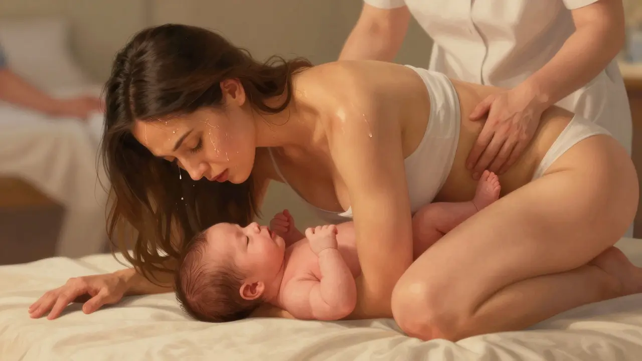 Matka v aktu porodu na čtyřech, novorozenci se pomalu vynořují, porodní asistentka podporuje.