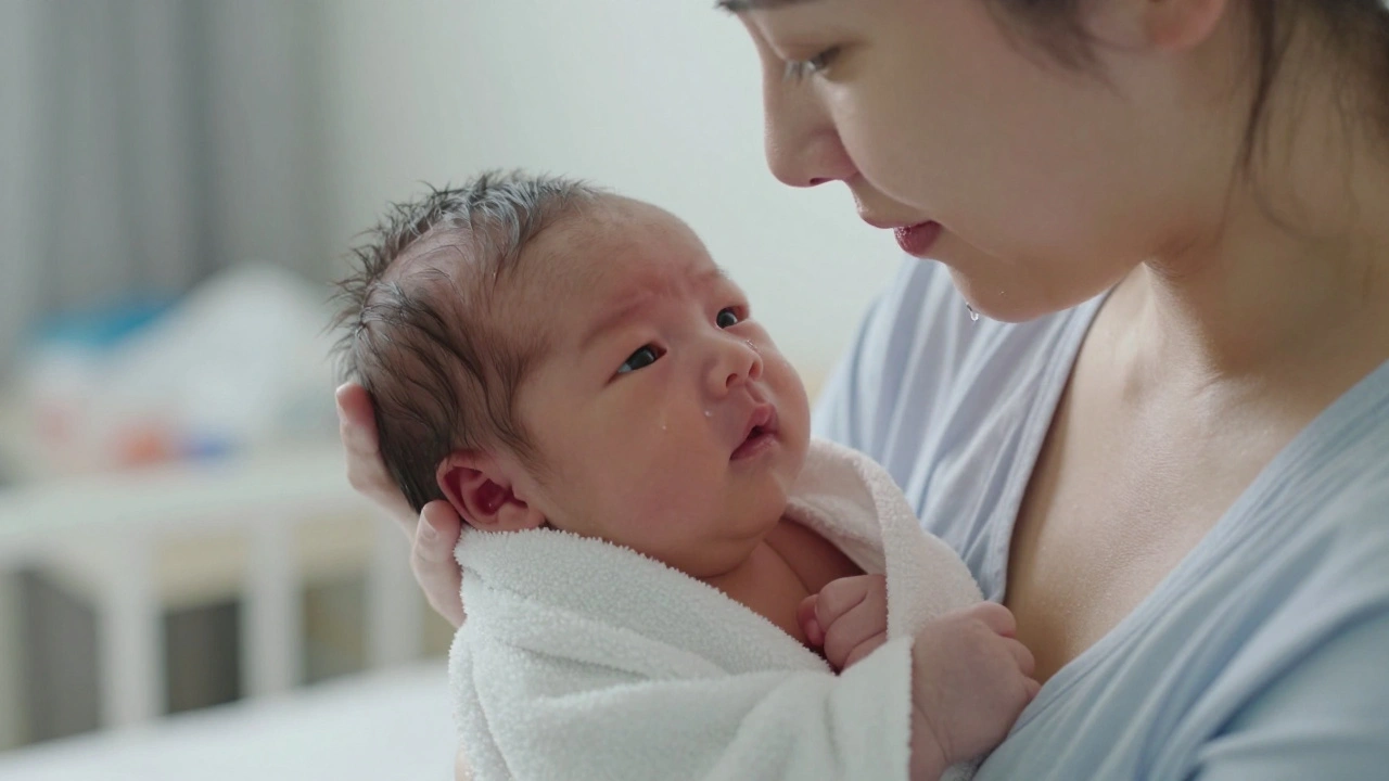 Nová matka drží své novorozence poprvé, pláče ze štěstí, tvář osvětlená jemným světlem.