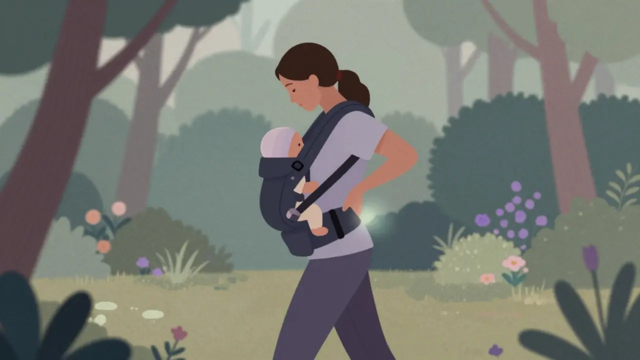 Nová matka pomalu chodí v zahradě, podpírá si záda, drží kojenecký nosič, kolem ní rostou květiny.