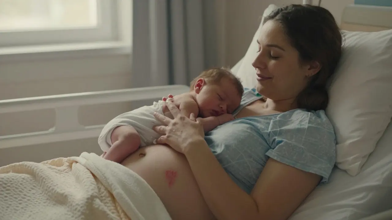 Nová matka s novorozencem v klidném po porodu okamžiku, obklopena jemným světlem a klidem.