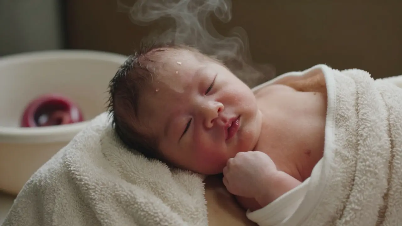 Novorozenci na hrudi matky, kůže k kůži, oba zabaleni do deky, klidná chvíle po porodu.