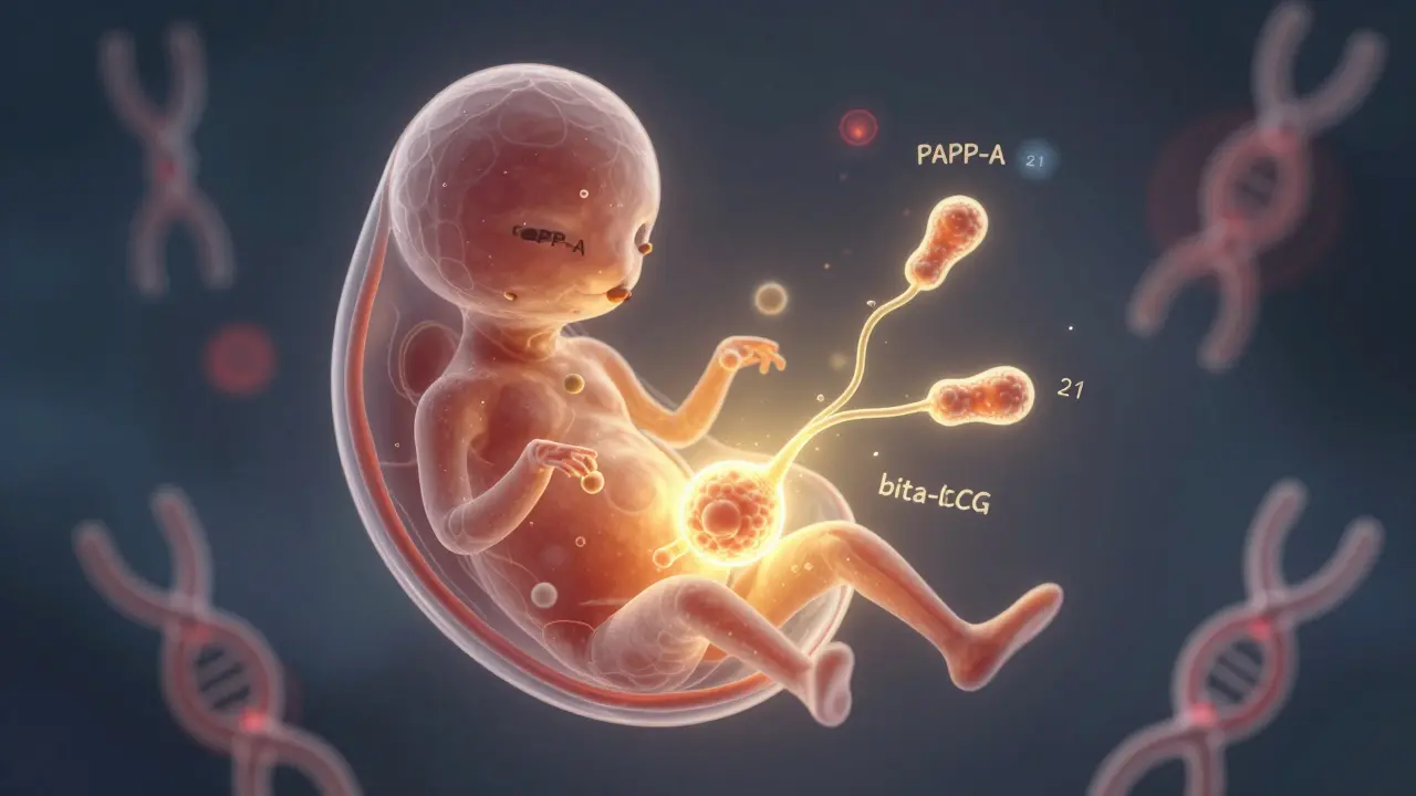 Průhledná placentární struktura vydává světlo PAPP-A a beta-hCG do krevního řečiště.