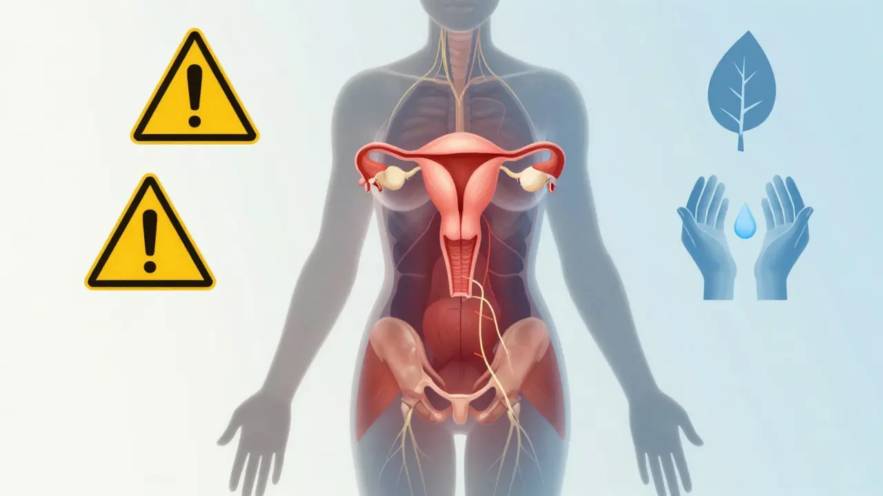 Průhledný náčrt těla s vnitřními orgány ukazujícími hojení dělohy a pánve, barvy přecházejí z červené do modré.