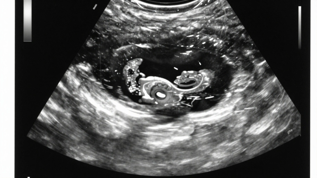 Pulsující srdce plodu viditelné na ultrazvuku ve 6,5 týdnu těhotenství.