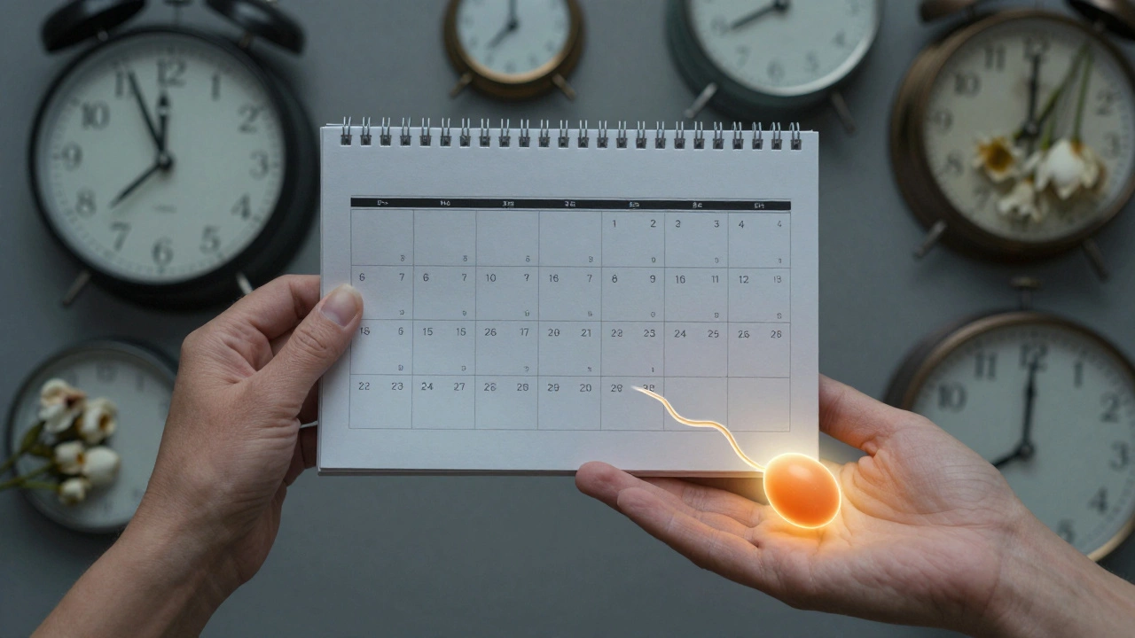 Ruce drží kalendář a symboly vajíčka a spermie, symbolizující čas a plodnost.