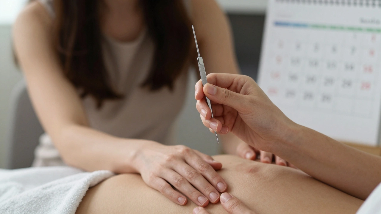 Ruka drží speculum, druhá ruka klidně leží na břiše, symbolizující přípravu a klid.