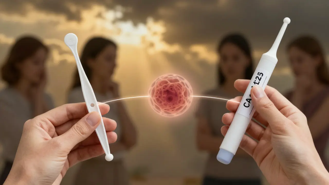 Ruka s ultrazvukovým sondem a krevní zkouškou vedoucí k viditelnému nádoru, zatímco Pap test leží stranou.