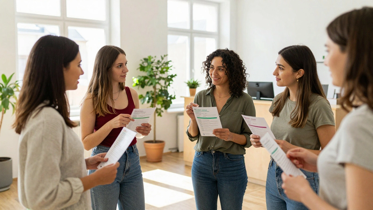 Skupina žen v ženském zdravotním centru si prohlíží informace o antikoncepci.