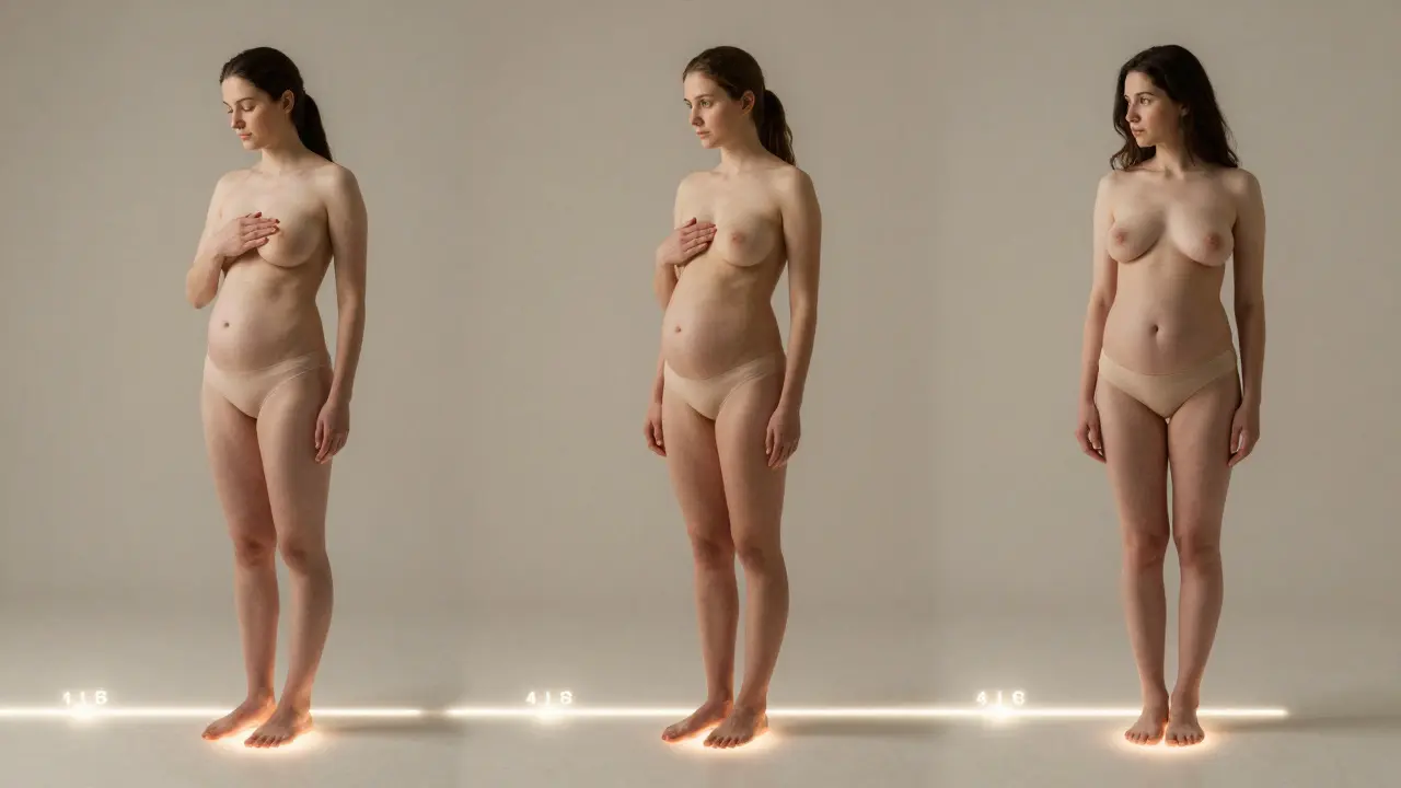 Three women at different postpartum stages with glowing timelines showing return of menstruation after childbirth.