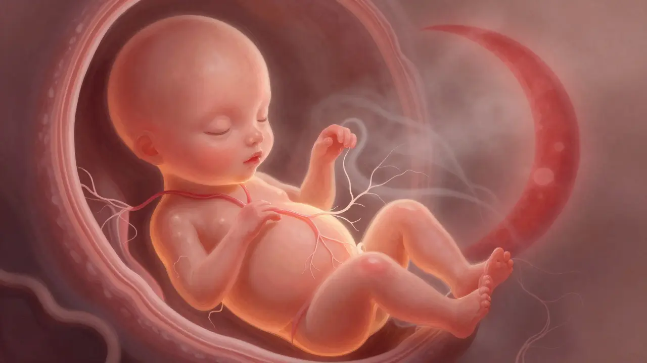 Umělecké znázornění přichycení zárodku do dělohy, kde menstruace mizí v mlze.