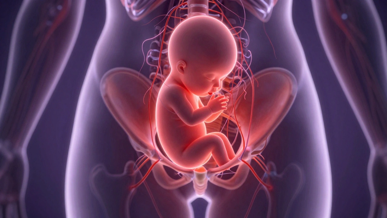 Uvnitř těla ženy během porodu: hlavička dítěte tlačí na pánviční svaly a nervy, znázorněno jako světelné cesty.