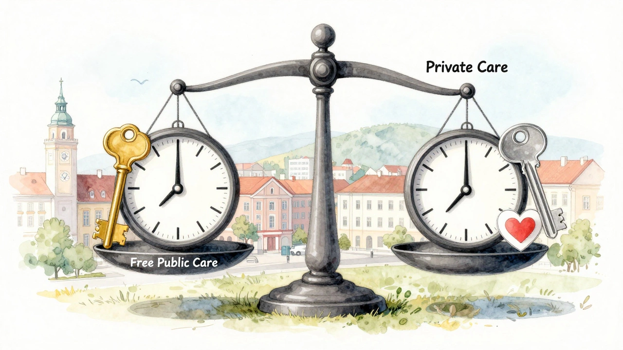 Váha s klíči: zdarma veřejná péče vs. rychlá soukromá péče, pozadí je panoramatický výhled na Brno.
