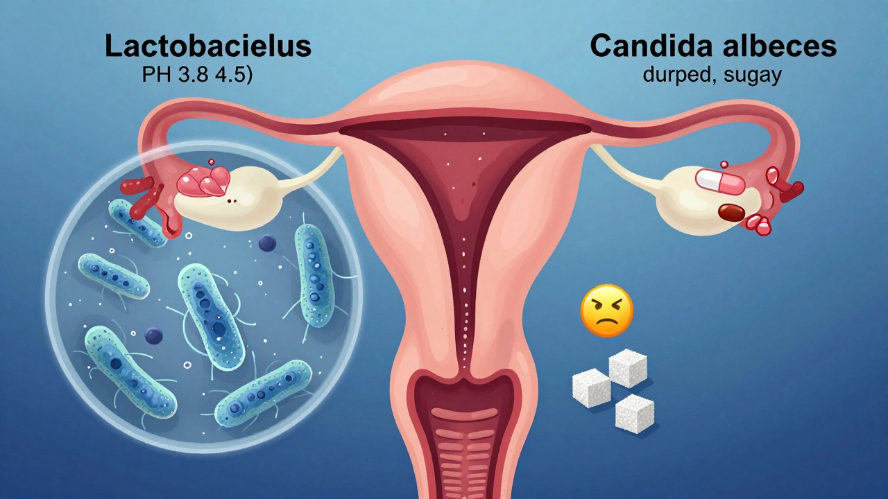 Vnitřní pohled na vaginální mikroflóru s Lactobacillus a Candida v rovnováze a bez rovnováhy.