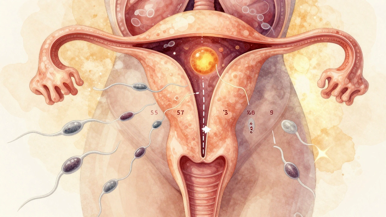 Vnitřní pohled na vajíčko a spermie během plodného okna s vlnami tepla.