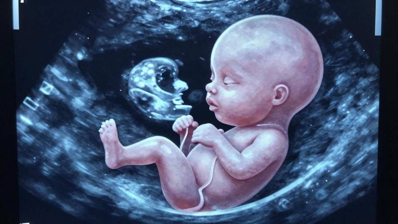 Vývoj plodu ve 8. týdnu s viditelnými začátky končetin a obličeje na ultrazvuku.
