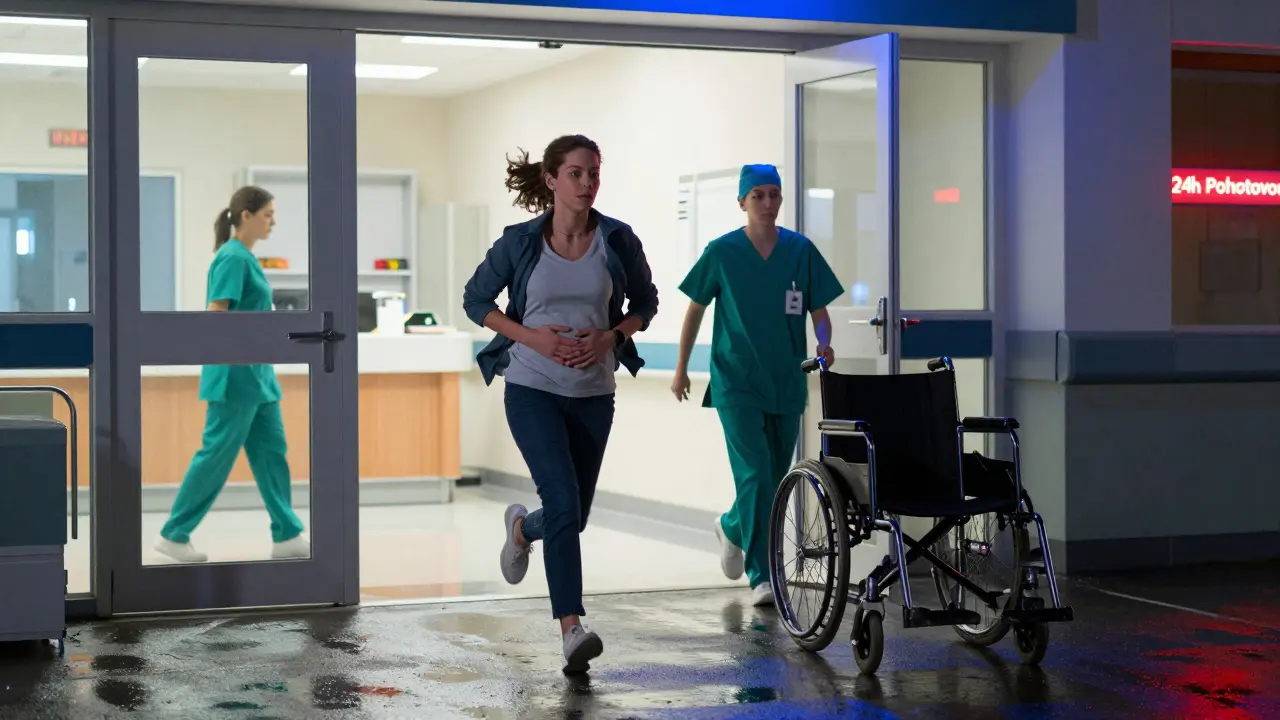 Žena běží do nemocnice v noci, zatímco sestra jí přináší kolébku, označující akutní gynekologickou pohotovost.