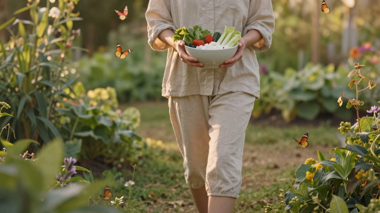 Žena chodí v zahradě v bavlněném oděvu s zeleninou a jogurtem.