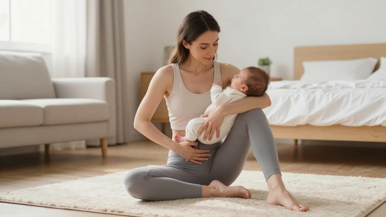 Žena dělá Kegelova cvičení v klidné domácí atmosféře s novorozencem poblíž.