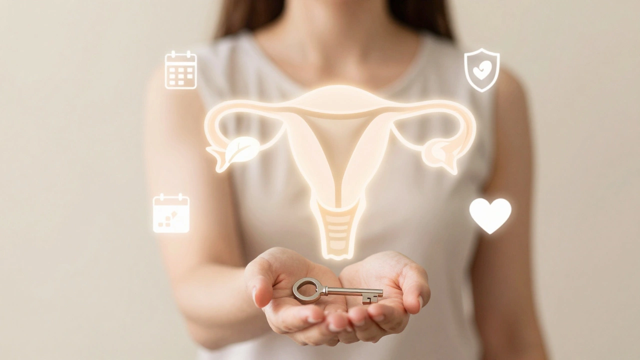 Žena drží klíč, za ní průhledný obraz děložního čípku s symboly prevence a péče.