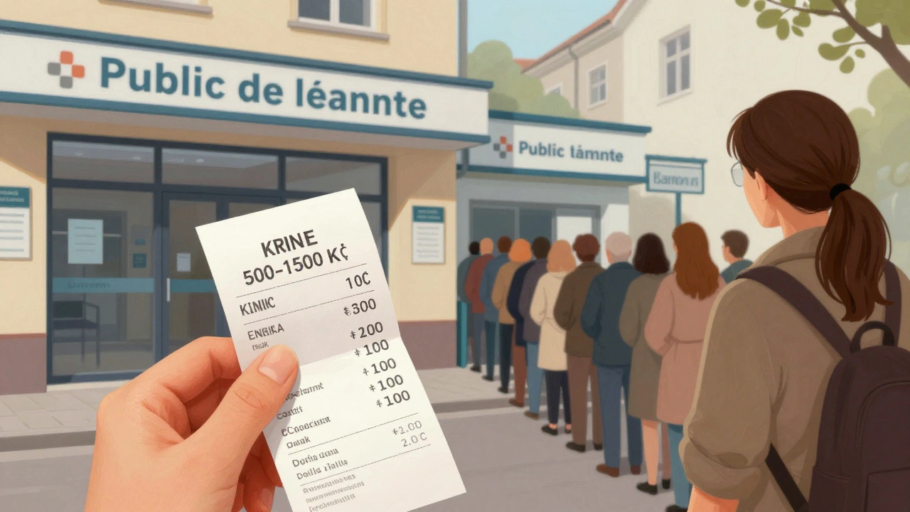 Žena drží účet za soukromou prohlídku, vedle ní dlouhá fronta u veřejného zdravotního střediska.