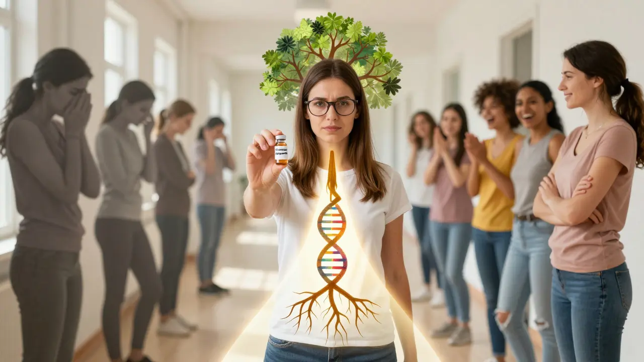 Žena drží vzorek cytologie, za ní contrast mezi prevencí rakoviny a jejími důsledky.