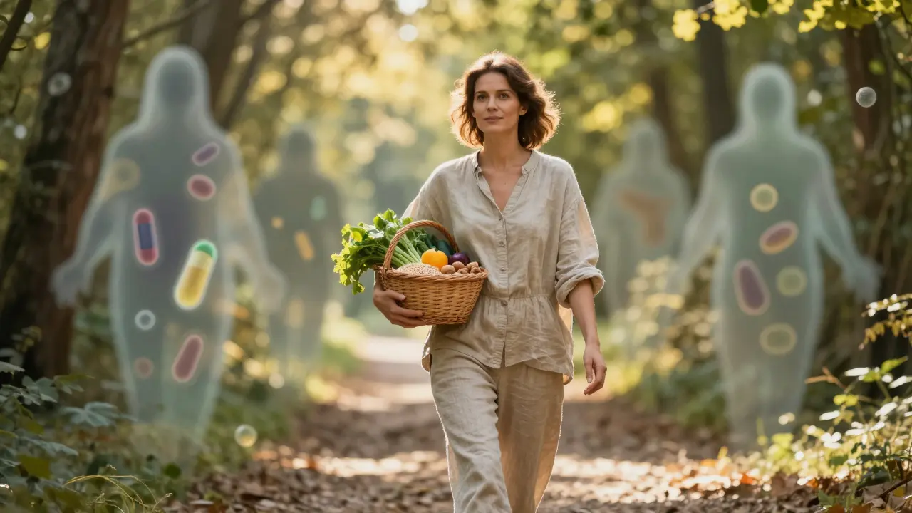 Žena kráčí lesní cestou s zdravou potravou, za ní vymizí kvasinky a antibiotika.