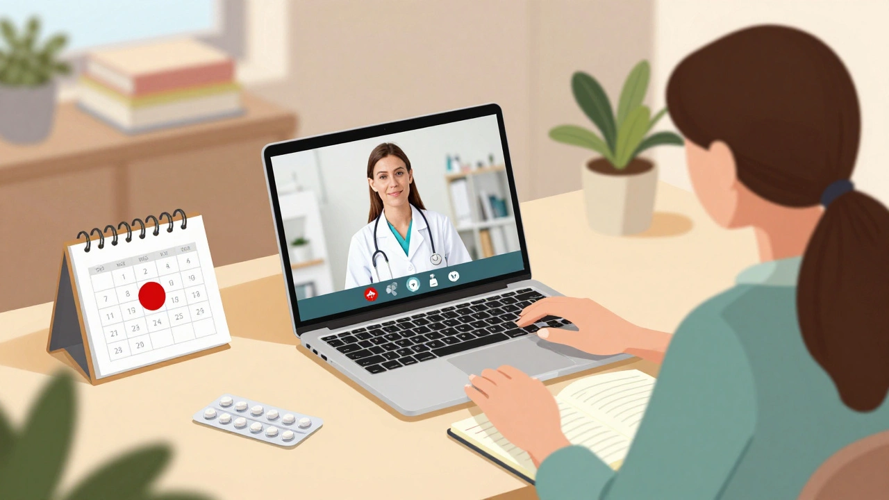Žena na domácí kanceláři ve videokonferenci s lékařkou, vedle ní balíček pilulek a kalendář.