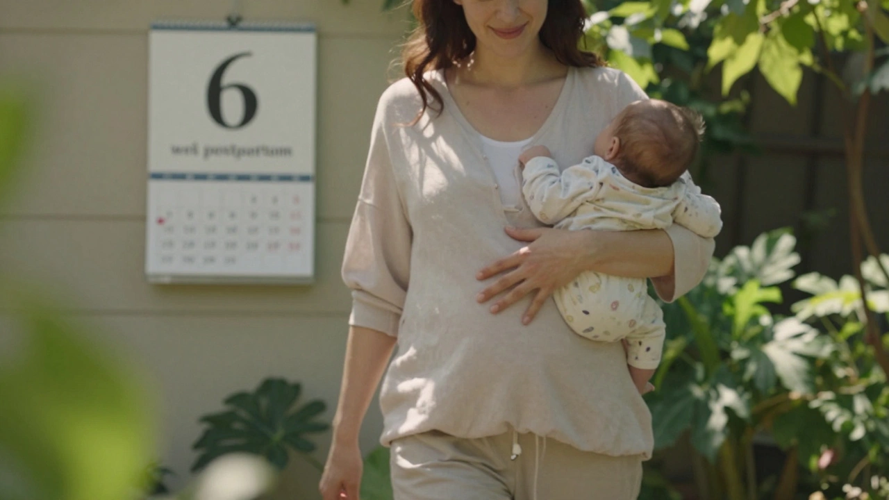 Žena prochází zahradou šest týdnů po porodu, jemně si přidržuje břicho s dítětem v náručí.