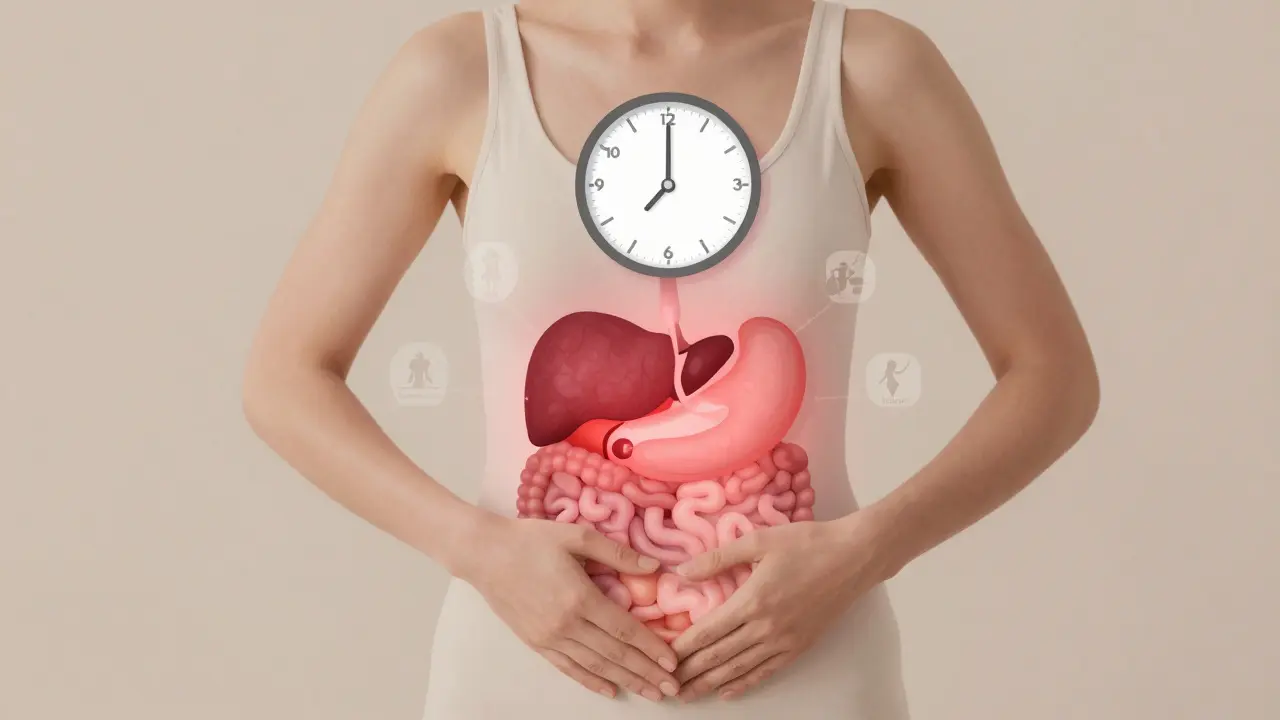 Žena s přehledem vnitřních orgánů ukazujícím nepravidelné vaječníky a příznaky rakoviny.