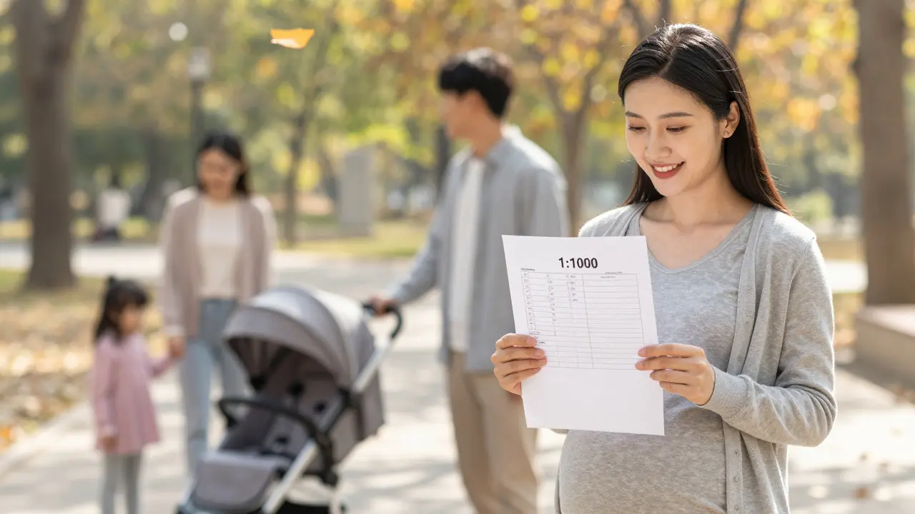 Žena s výsledkem testu stojí v parku s partnerem, klidná a šťastná.