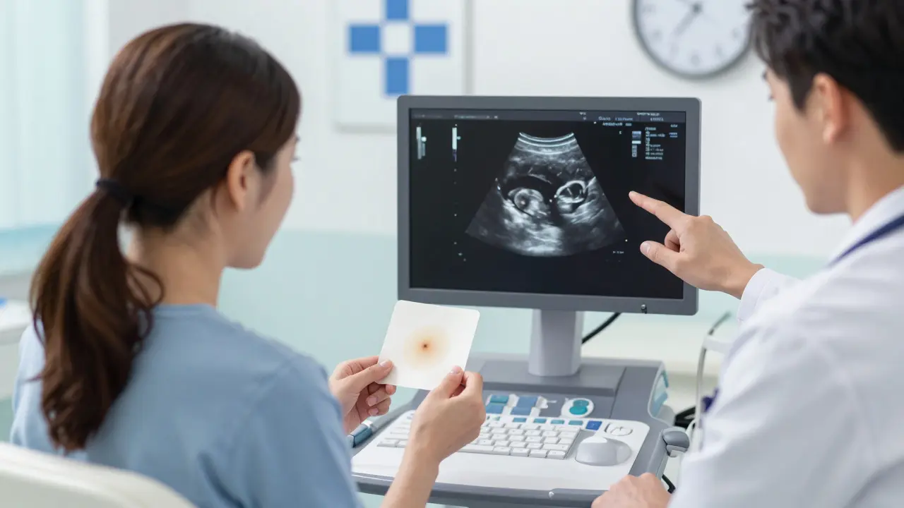 Žena v klinice s mírným krvácením a ultrazvukem s srdcovým tepem plodu.