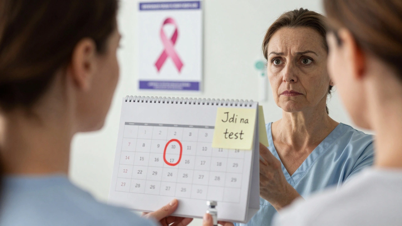 Žena v padesáti drží kalendář s připomínkou na gynekologické vyšetření, v zrcadle viditelná odhodlaná tvář.