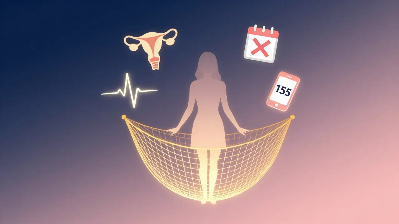 Zlatá záchranná síť chrání ženskou siluetu, symbolizující okamžitou péči o ženské zdraví.